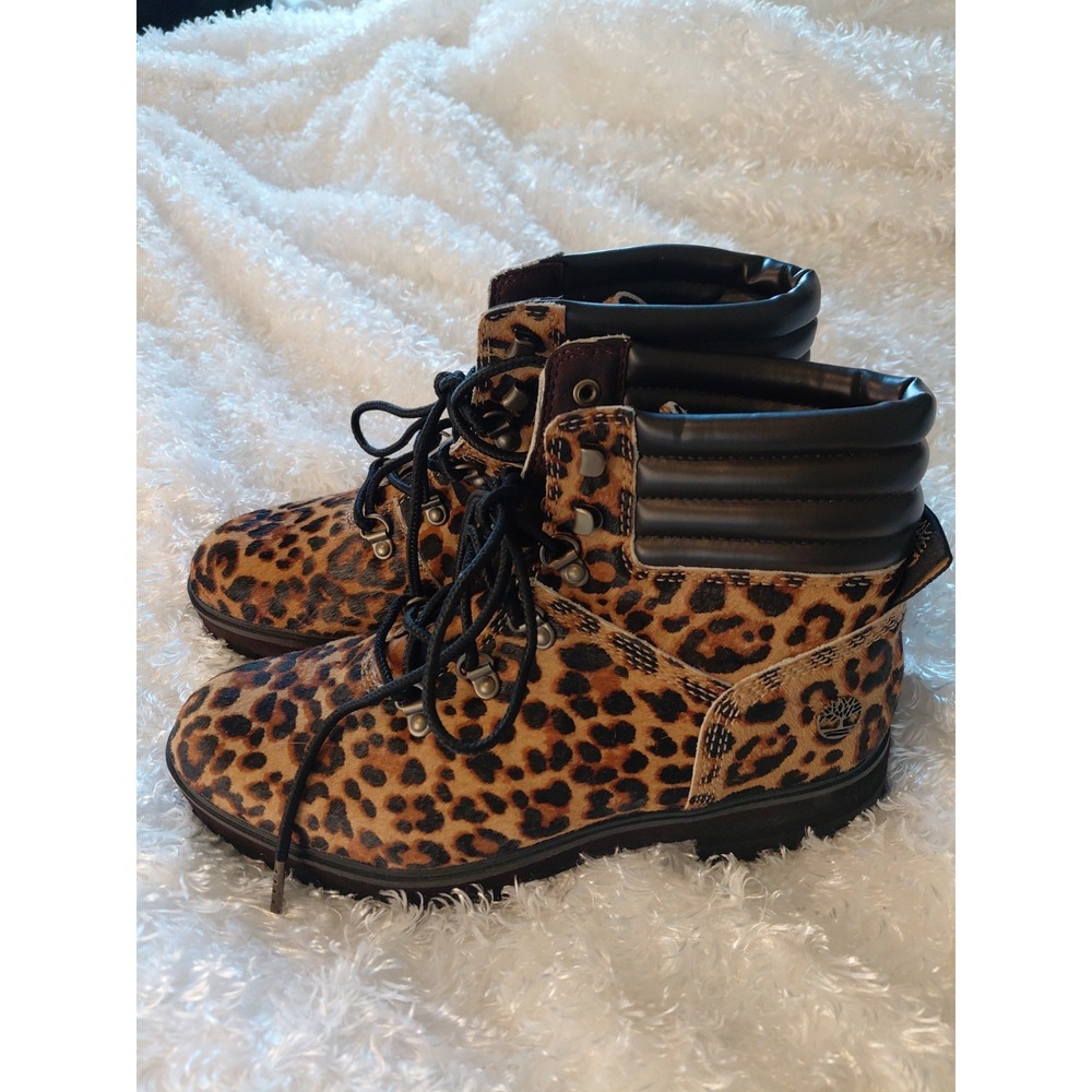 NEW! Timberland Women' Mid Hiker Leather Boots Leopard print ponyhair Size 9